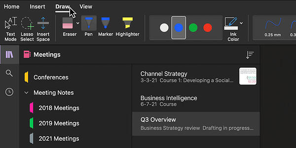 Microsoft OneNote Draw menu