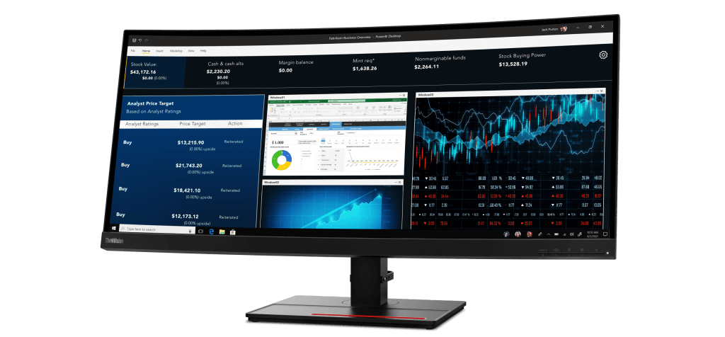 Lenovo ThinkVision P34w showing multiple windows of data readouts.