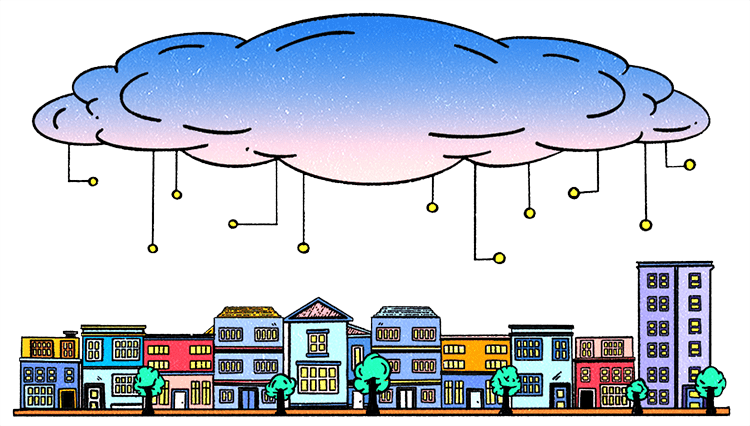 Illustration of a A technology cloud hovering above a city