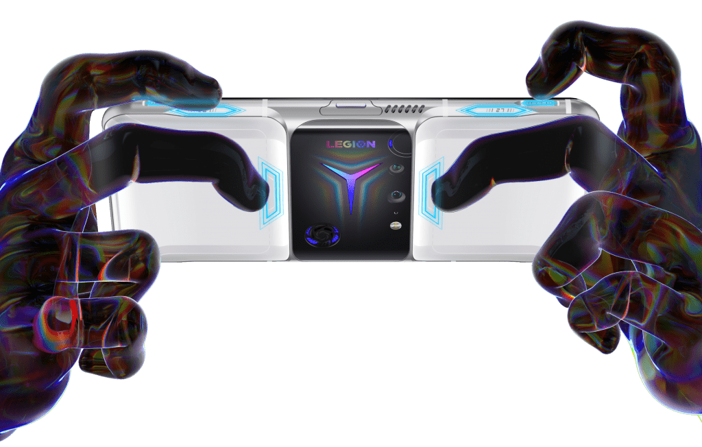 Lenovo Legion Phone Duel 2 with stylized hand silhouettes holding the device