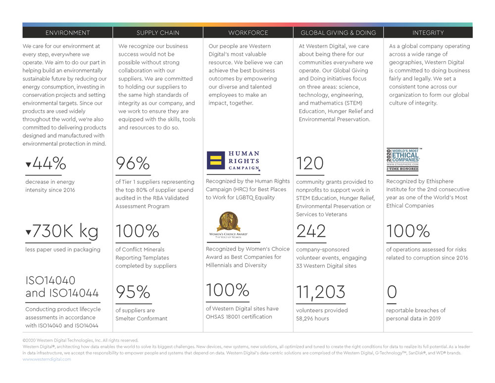 Executive summary screenshot from Western Digital's 2020 Sustainability Report.