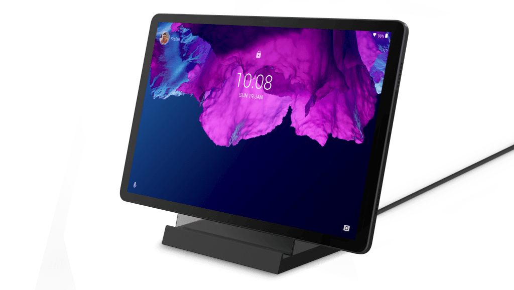 Lenovo Tab P11 sliding into the handy Lenovo Smart Charging Station 2.