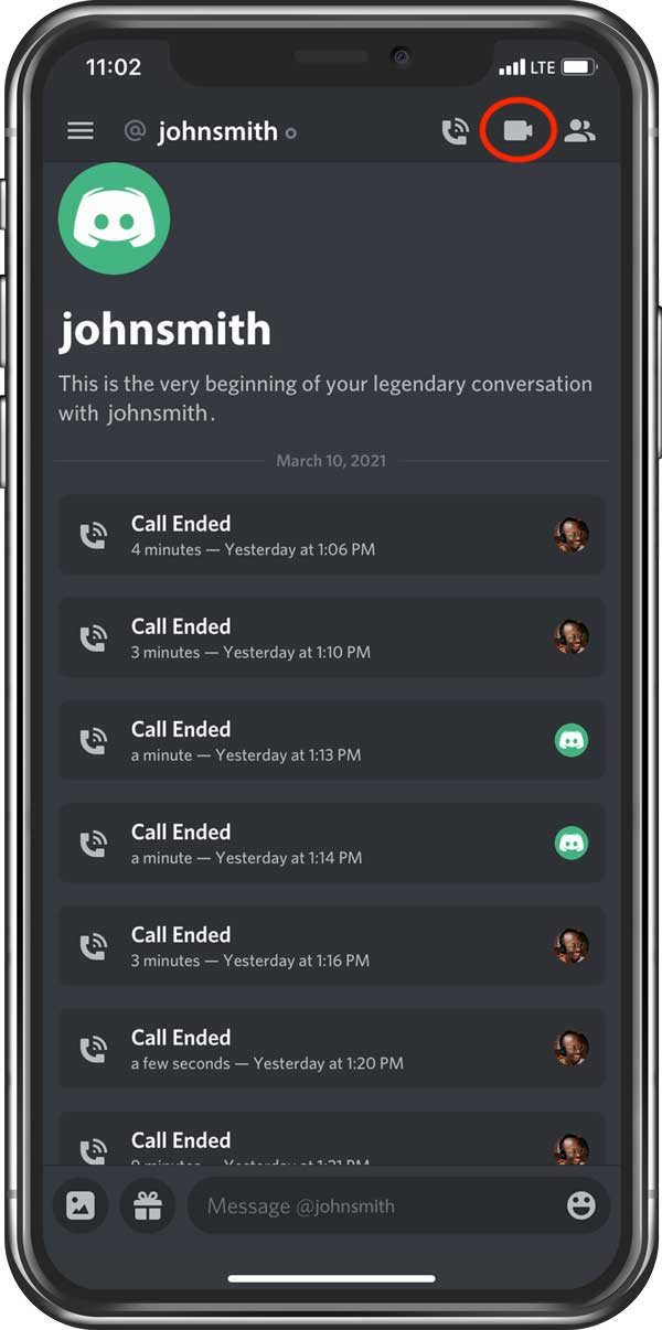 Direct message on Discord mobile
