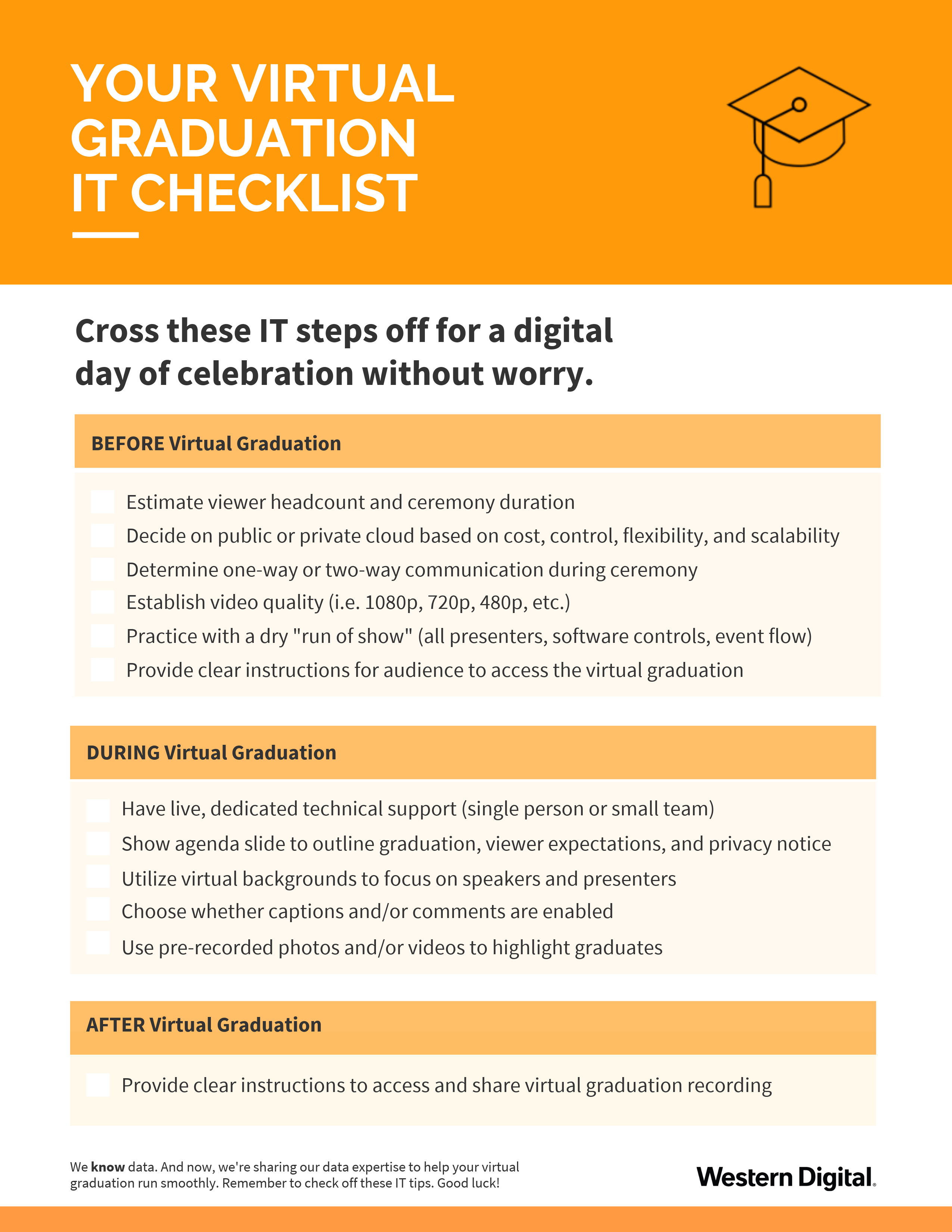 Your Virtual Graduation IT Checklist: BEFORE Virtual Graduation:
- Estimate viewer headcount and ceremony duration
- Decide on public or private cloud based on cost, control, flexibility, and scalability
- Determine one-way or two-way communication during ceremony
- Establish video quality (i.e. 1080p, 720p, 480p, etc.)
- Practice with a dry "run of show" (all presenters, software controls, event flow)
- Provide clear instructions for audience to access the virtual graduation DURING Virtual Graduation:
- Have live, dedicated technical support (single person or small team)
- Show agenda slide to outline graduation, viewer expectations, and privacy notice
- Utilize virtual backgrounds to focus on speakers and presenters
- Choose whether captions and/or comments are enabled
- Use pre-recorded photos and/or videos to highlight graduates AFTER Virtual Graduation:
- Provide clear instructions to access and share virtual graduation recording