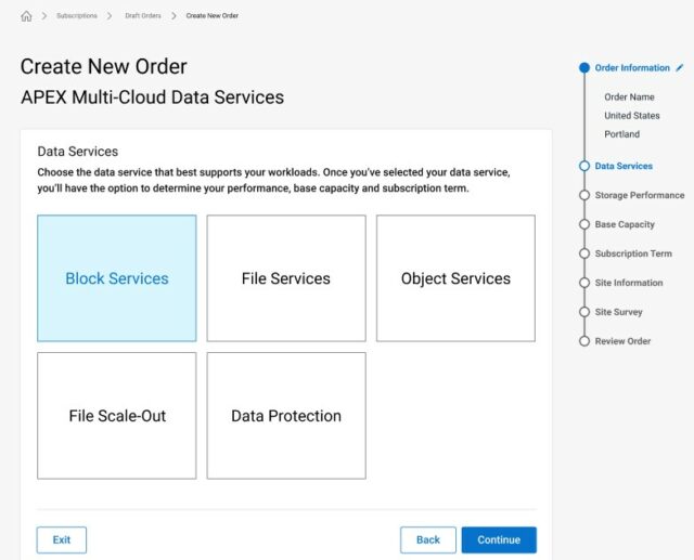 Image of Dell Technologies' APEX Console to create an APEX Multi-Cloud Service order. 