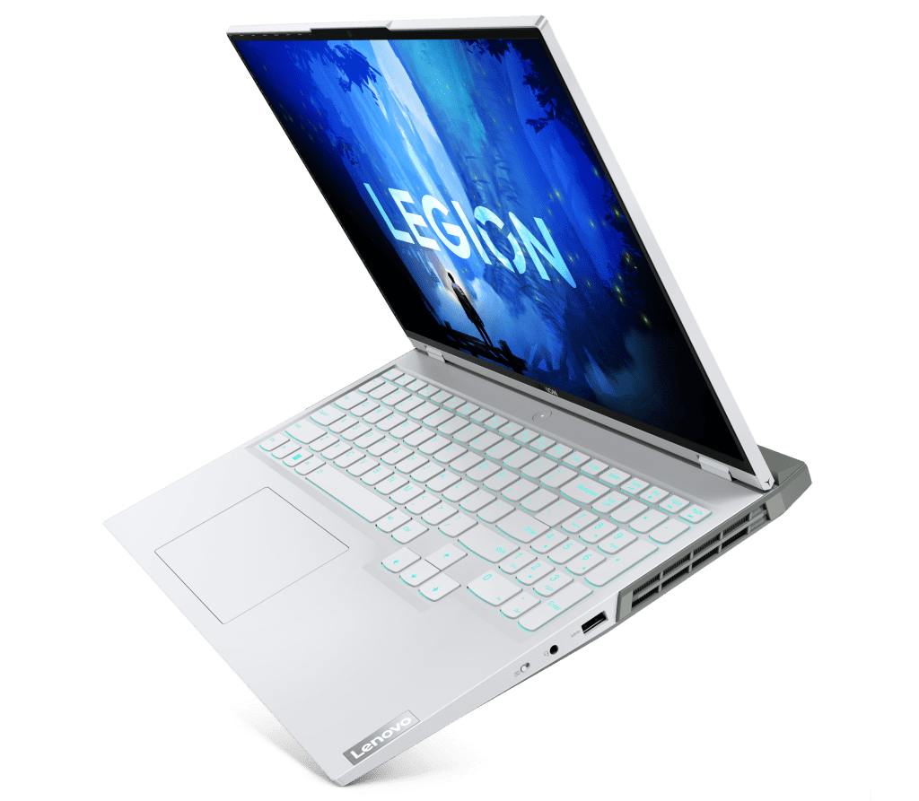 The Lenovo Legion 5i/5 Pro laptop is shown in Glacier White hue