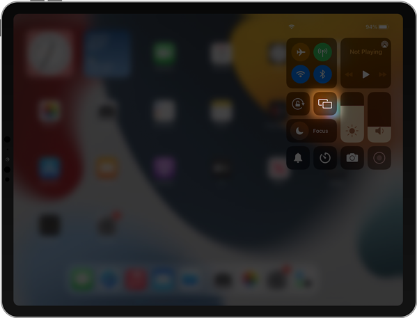 iPad control center with screen mirroring icon highlighted