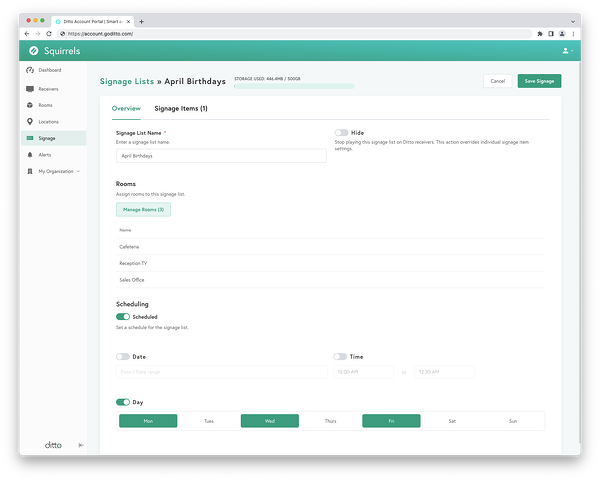 Ditto Digital Signage List Overview