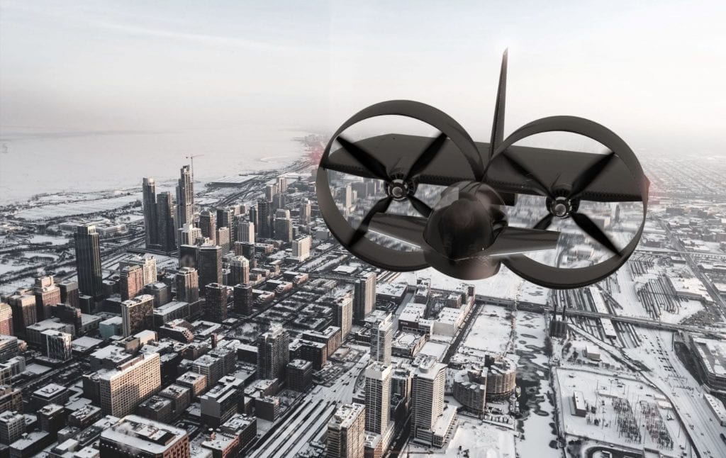 3D rendering of a prototype twin-turbine plane flying over a city
