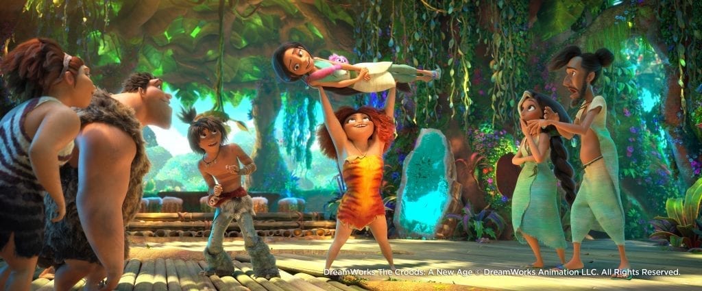 (from left) Thunk Crood (Clark Duke), Sandy Crood (Kailey Crawford) and Gran (Cloris Leachman) in DreamWorks Animation's "The Croods: A New Age," directed by Joel Crawford.