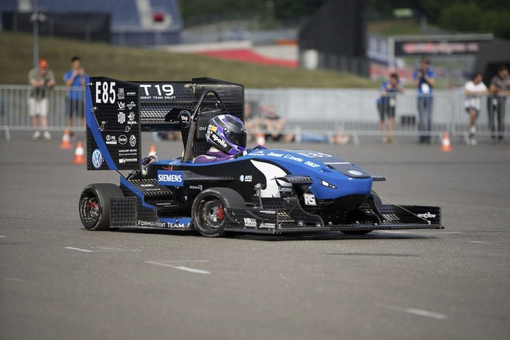 Electric Formula 1 vehicle prototype on a racetrack
