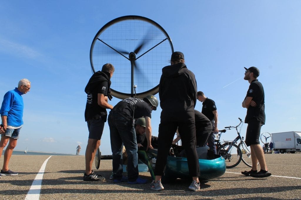 Chinook team testing the design of a wind-powered vehicle.