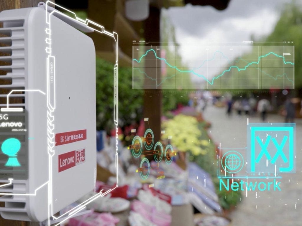 5G service box in Lijiang with technology graphics overlay showing different data