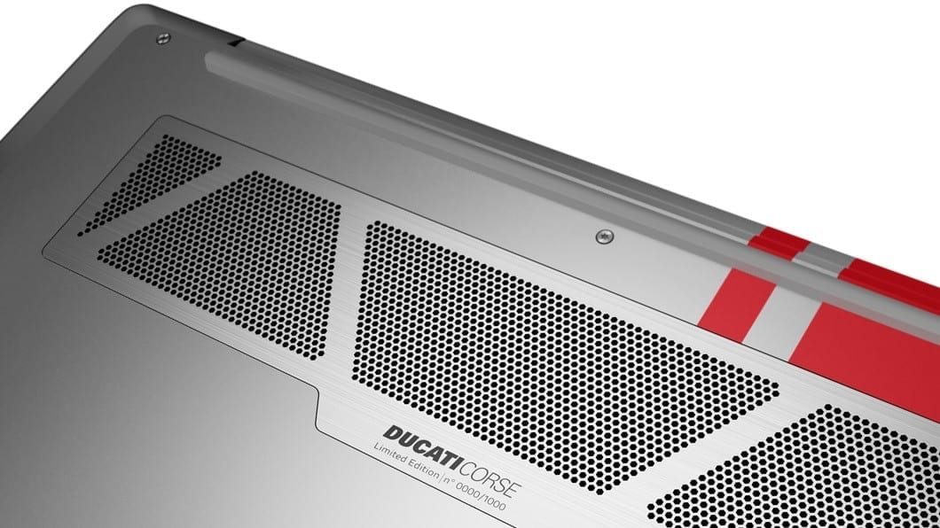 Lenovo Ducati 5 laptop -- detailed shot of the race-inspired vents on the bottom.