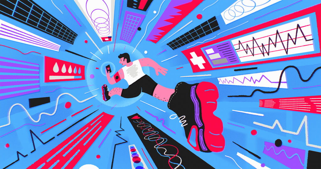 illustration of person running through their personal health and fitness data