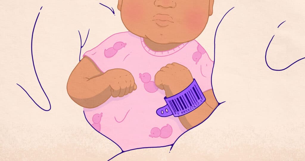 illustration of baby wearing hospital armband with barcode
