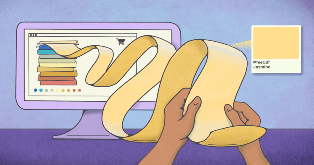 A sheet of color exiting a computer screen and hands of a designer looking at the data of color