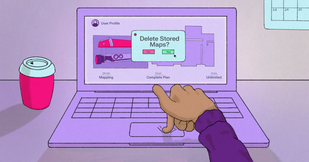 Illustration of hand pressing enter as "delete stored maps" appears on a laptop screen