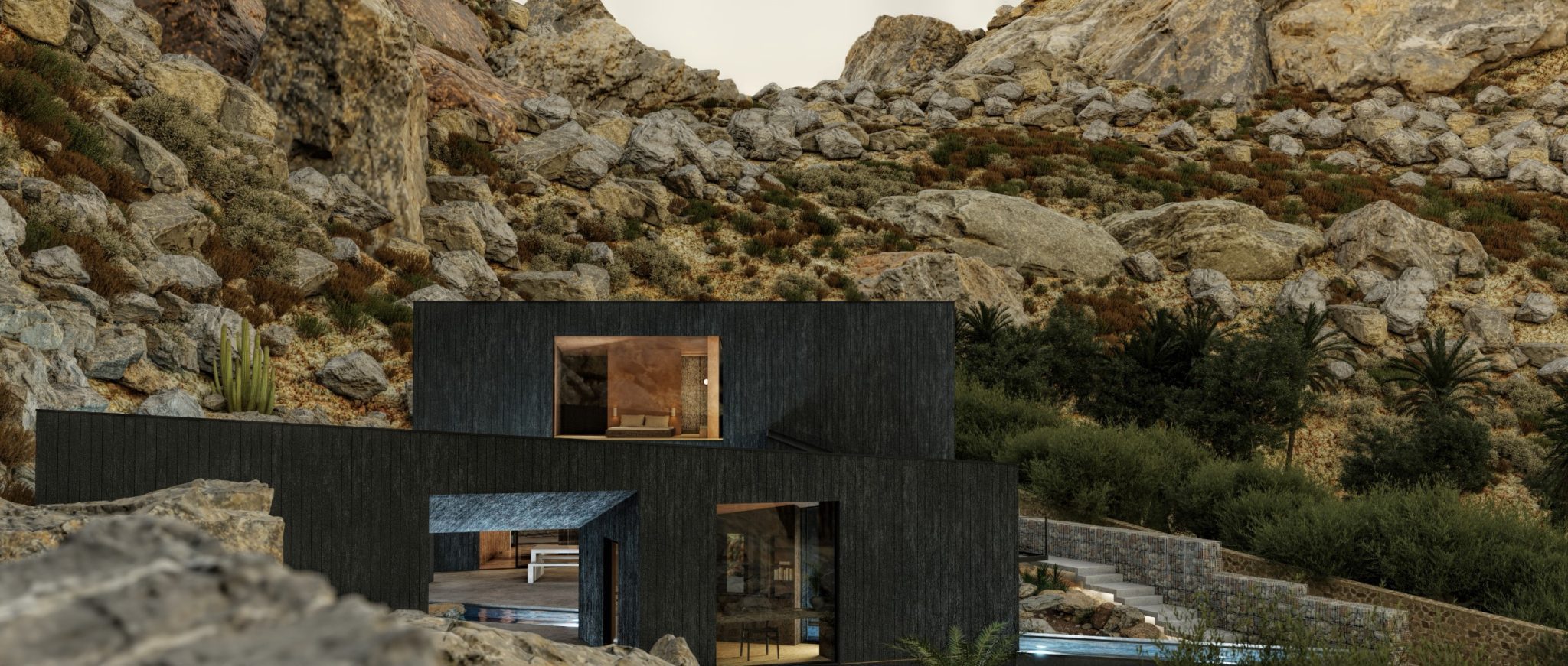 Detailed rendering of the exterior of the house with natural surroundings