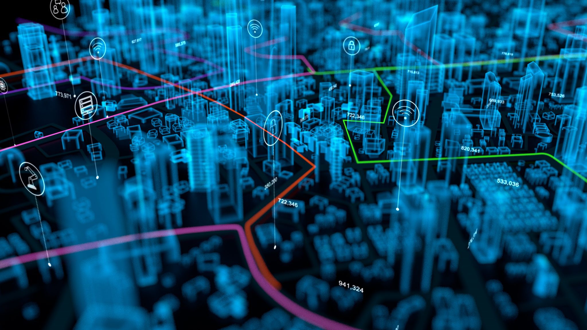 Schematic of a city street with different technology signifiers.