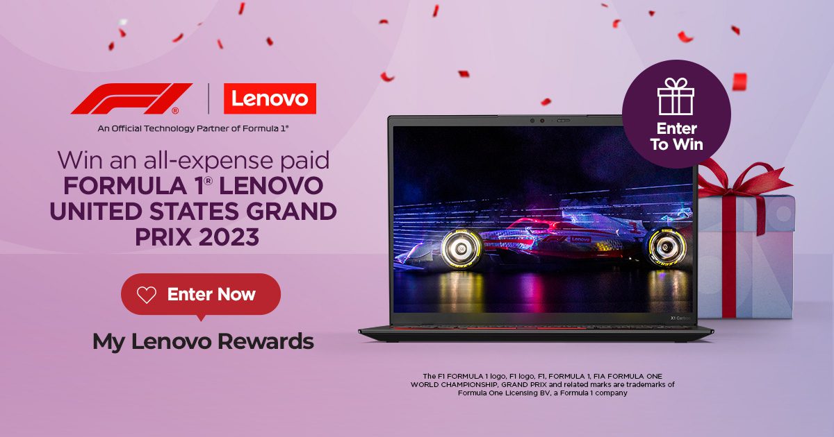 Lenovo member celebration event flyer with link to enter a Formula 1 Grand Prix trip.
