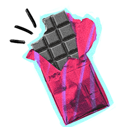 Illustration of open chocolate bar with a piece missing