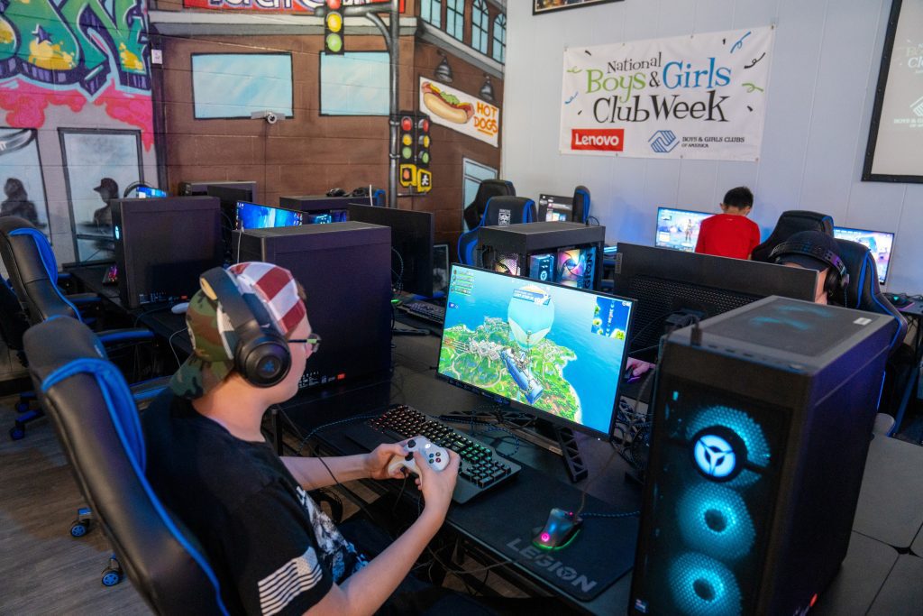 Someone playing games on a Lenovo Legion PC with the Boys & Girls Club sign up.