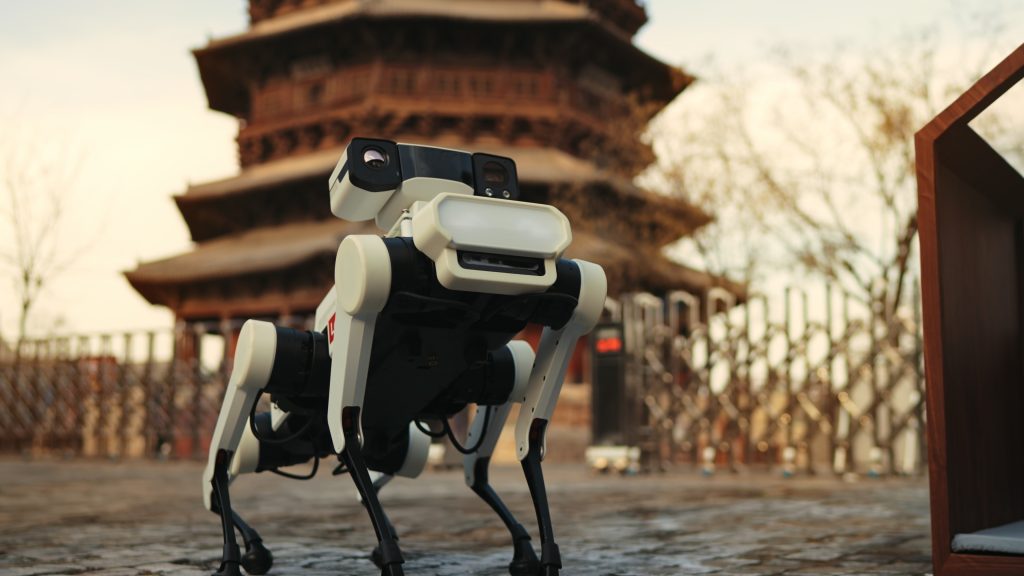 Lenovo Daystar Robot, a six-legged intelligent robot dog, completes a mission at the historic Yingxian Wooden Pagoda