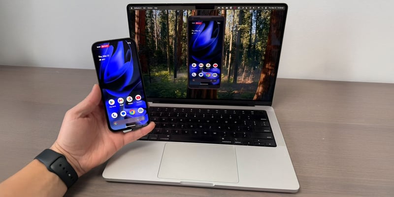 A Google Pixel 9 phone screen mirroring on a Mac computer