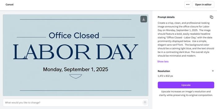 A Canva AI image about an office closure along with the text prompt used to create the image