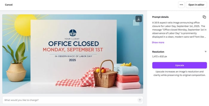 A summer-themed image generated by Canva AI along with the text prompt that generated the image