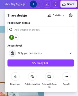 The Canva menu that allows users to share a design