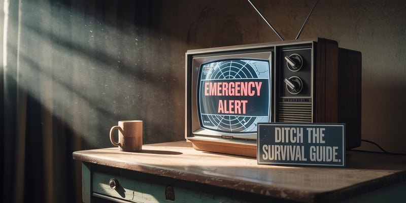 An old antenna TV with the words "Emergency Alert" and a sign by the TV that reads "Ditch the survival guide"