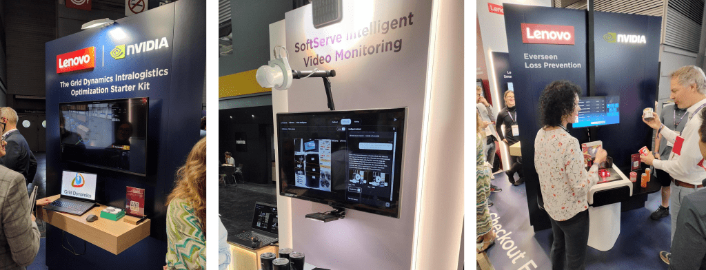 Three photos of an exhibition booth with screens showing demo's of different retail AI software