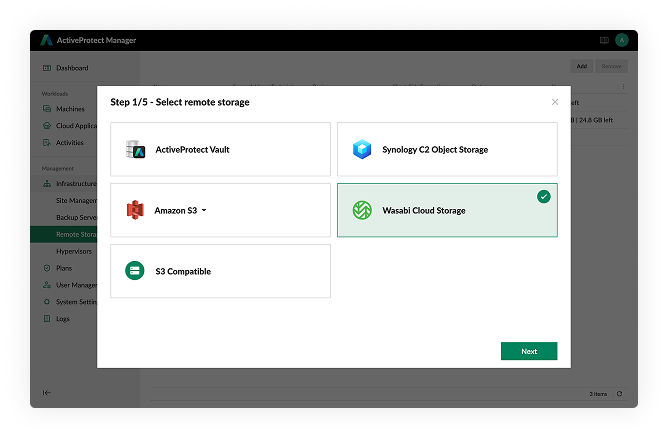 Synology ActiveProtect UI displaying remote storage options for Wasabi Cloud Storage 