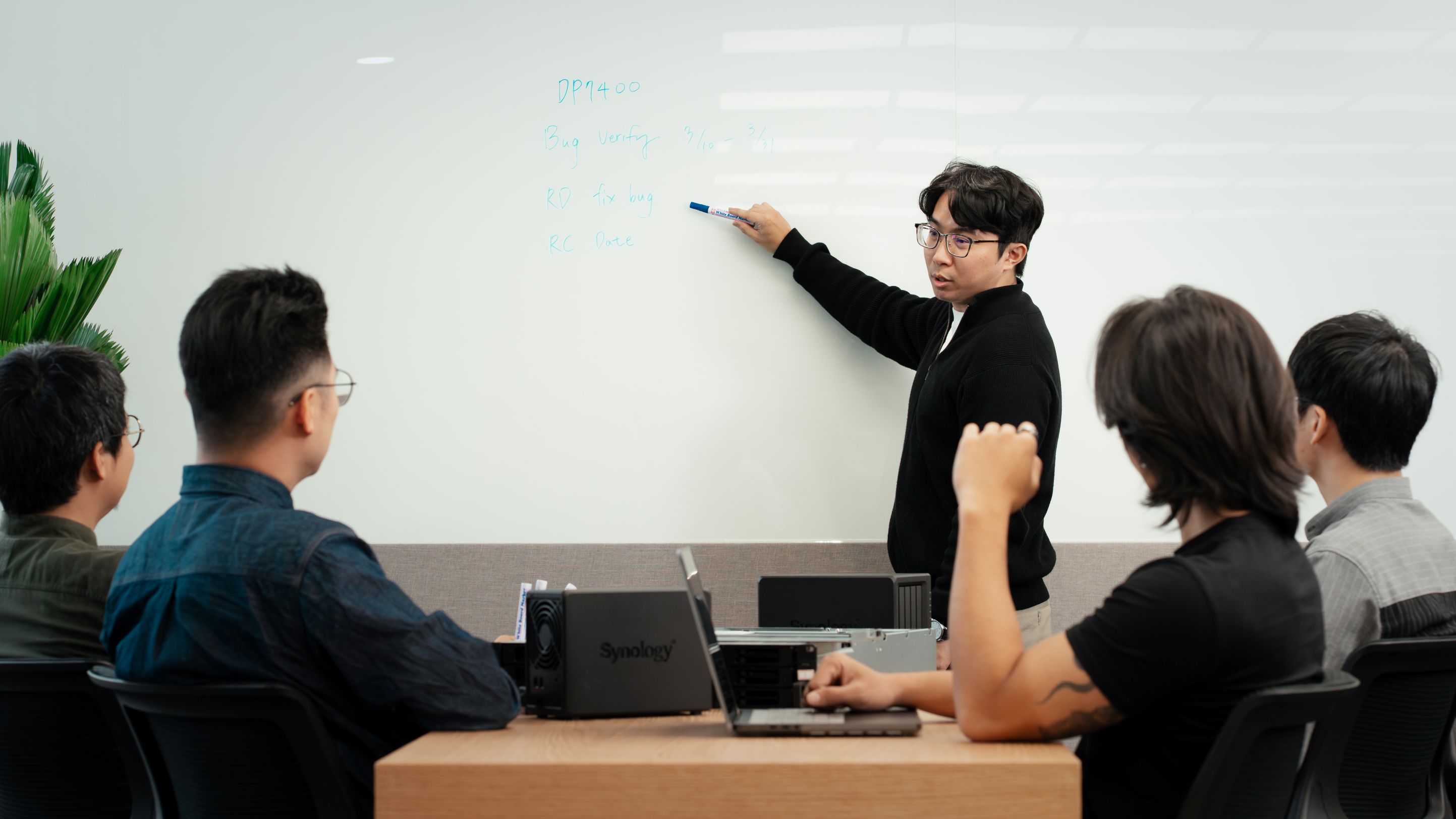 Picture of the team discussing in front of a white board.
